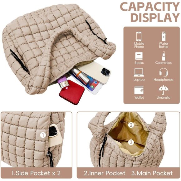 Women's Khaki Lightweight Cotton Puffy Quilted Hobo Bag Retro Soft Shoulder Bag - Picture 5 of 7
